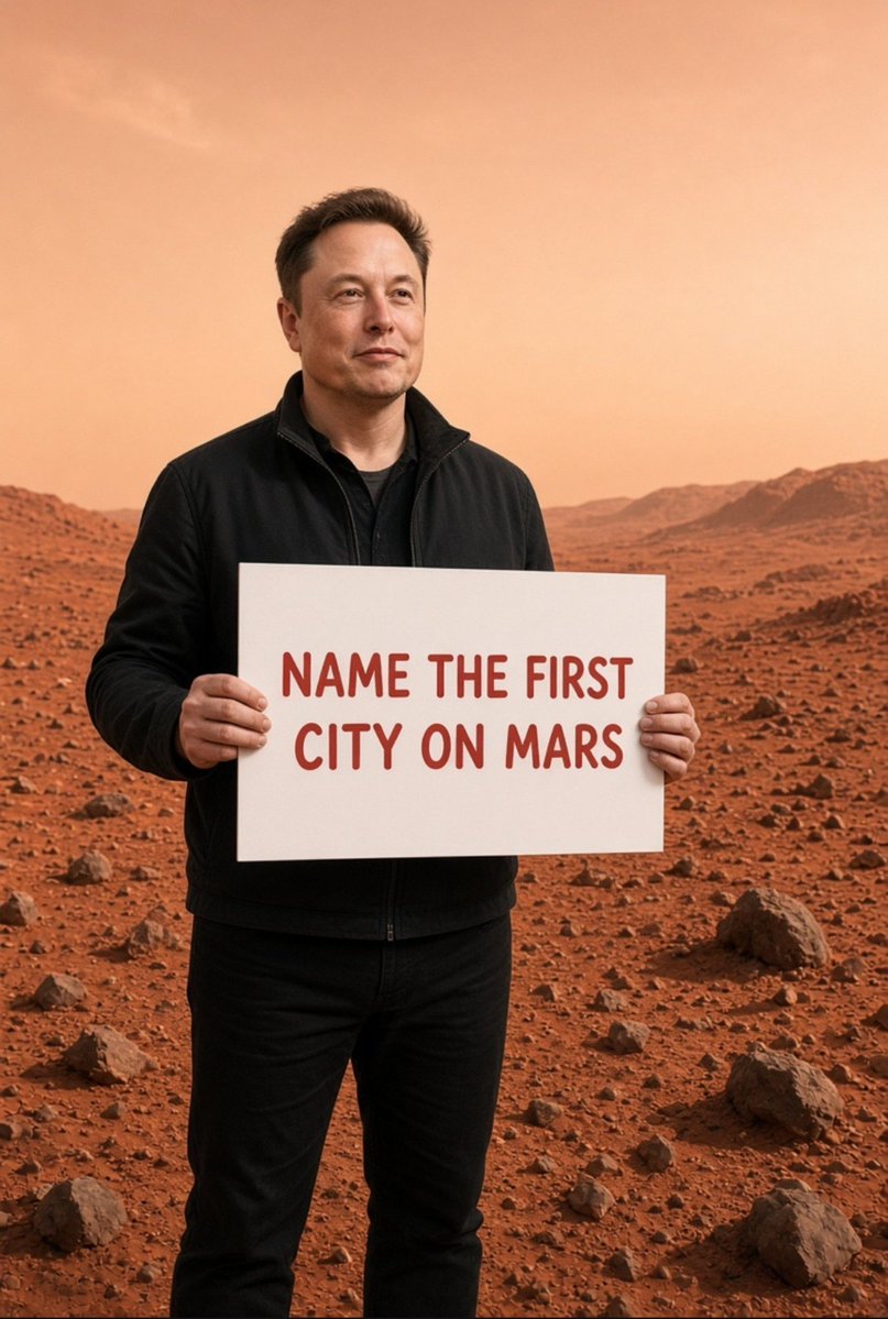 emceospace's tweet photo. Elon Musk asks you to name the first city on Mars. 

What are you calling it? 🚀 https://t.co/MCnBNVz9Ks