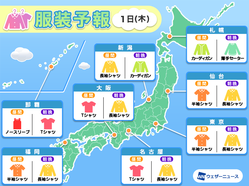 wni_jp's tweet photo. 【明日の最適な服装】
北海道は夜に合わせて少し厚手の上着をご用意ください。
関東は気温が上がるため、半袖と上着の組み合わせか、薄手の長袖のみがおすすめです。
東海や近畿は昼間は30℃近くまで上昇します。半袖をベースに羽織るもので調整するのが良さそうです。
https://t.co/gESKnQEOfI https://t.co/FHyzZp5U2t