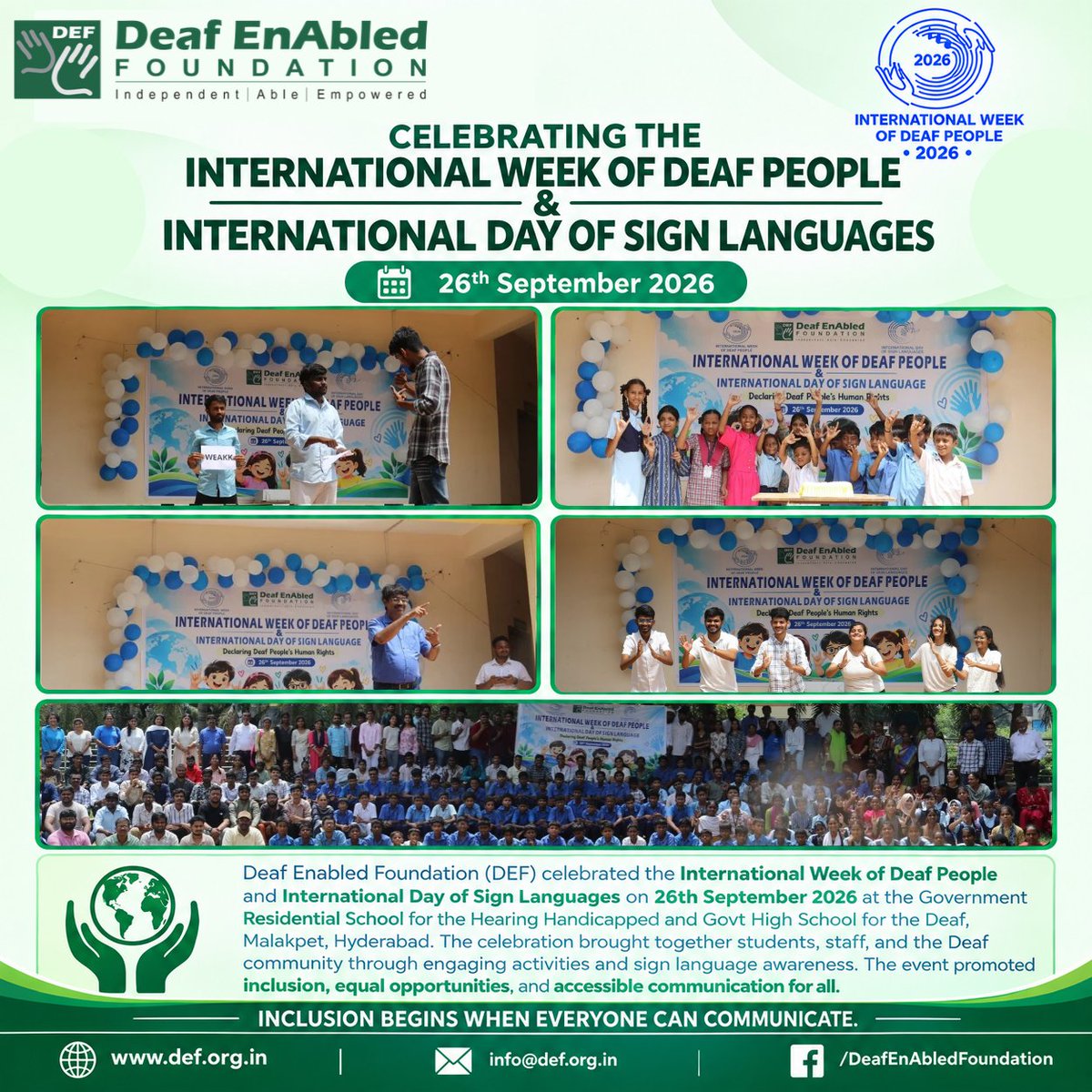 deafenabled's tweet photo. Such a vibrant gathering in Hyderabad! We united with local students and educators to honor deaf culture and advocate for seamless interactions. Together, we are building a community where everyone has a fair chance to thrive.

#DEF #ISL  #InternationalDayOfSignLanguages #deaf https://t.co/49IdeP5Fn0
