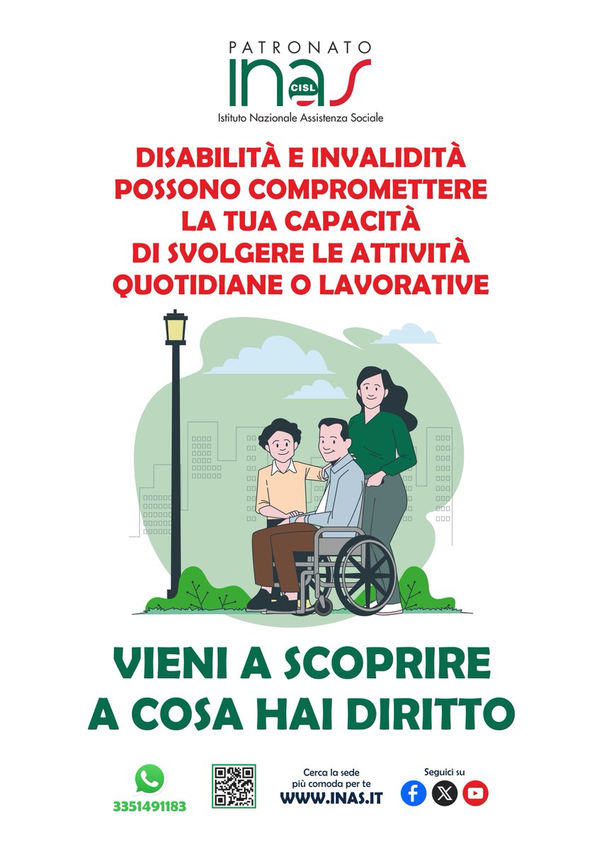 InasCisl's tweet photo. #Disabilità e #Invalidità possono compromettere la tua capacità di svolgere le attività quotidiane o lavorative.

Sai che ci sono varie tutele che possono aiutarti e noi ti siamo sempre a fianco per richiederle?

Vieni a scoprire a cosa hai diritto 👉 https://t.co/EdsMh0QpKE https://t.co/bNGGUImefE