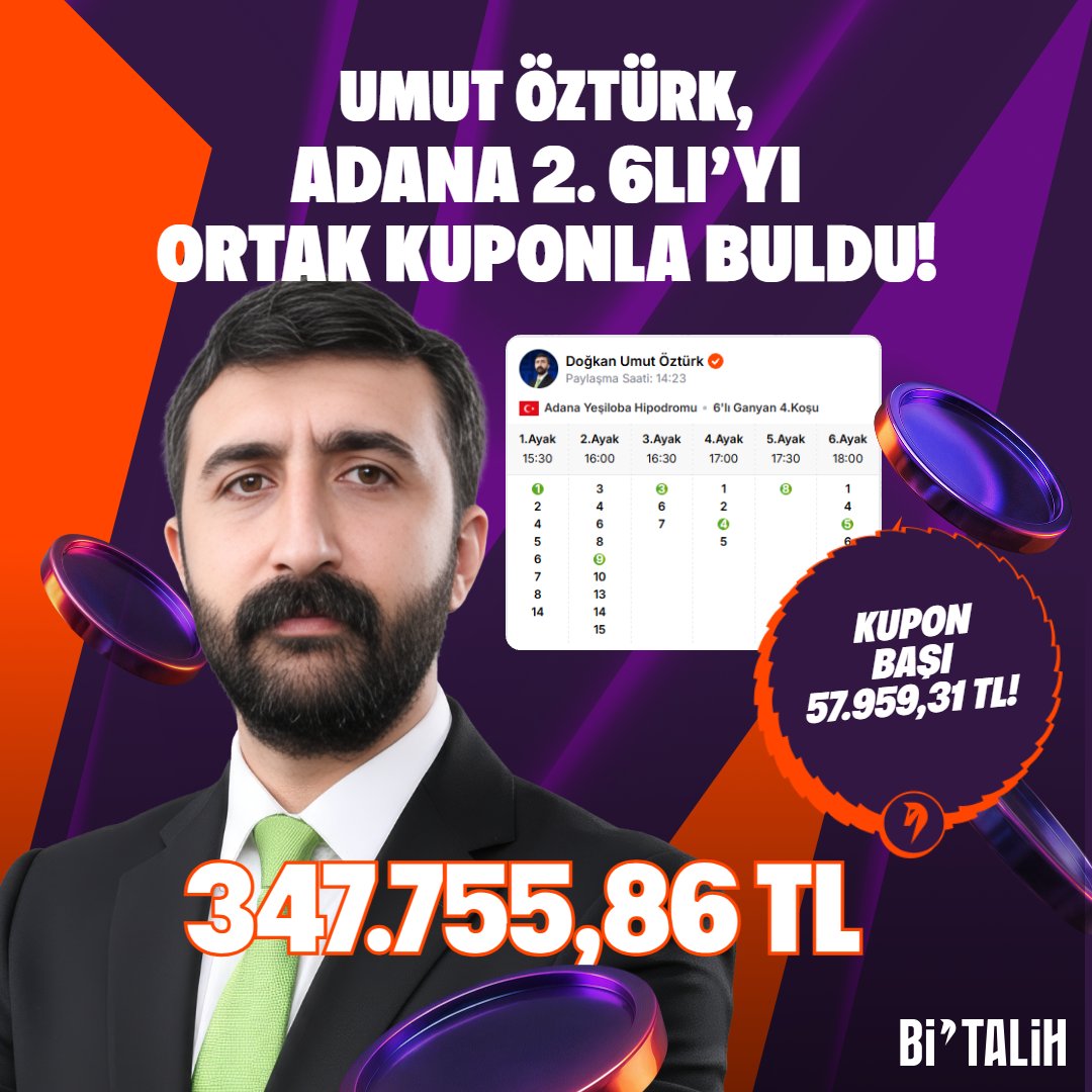 bitalih_tr's tweet photo. Umut Öztürk paylaştı ortak olanlar toplam 347.755,86TL kazandı!🎉

@WhiskeredCoach'un Adana 2.6'lıya hazırladığı ortak kuponu kazandırdı!

🏇6’lı Ganyan kuponlarında kupon başı 50.000 TL bonus fırsatı Bi’Talih’te!

📲https://t.co/fggUeyUmMN https://t.co/ciA7SgPgeM
