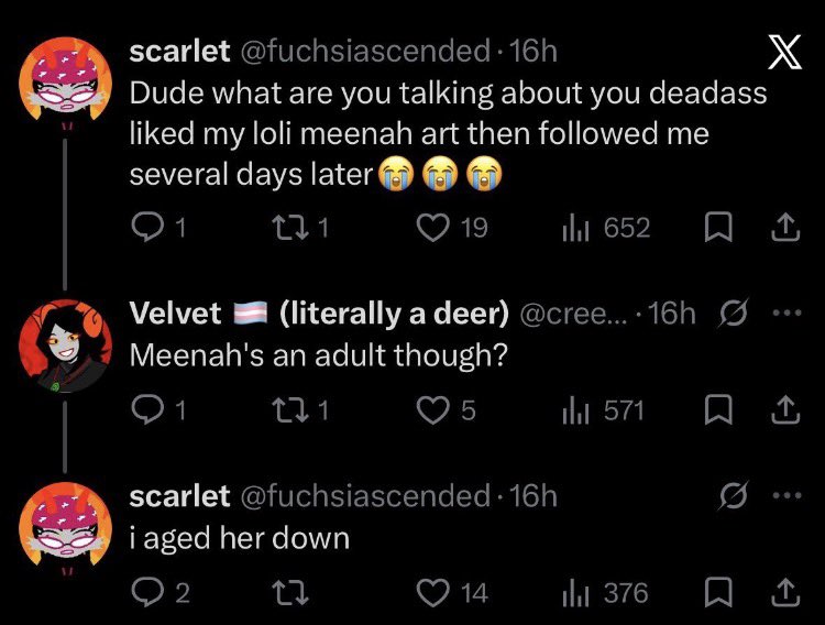 pastelspoonz's tweet photo. @emptisocket @dirkstriderrrr scarlet fuschiascended aged meenah down (she is originally 19) to make ‘bratty meenah loli art’

the whole thread was so stupid and everyone was shitting on all parties involved https://t.co/RgoYfIefu5