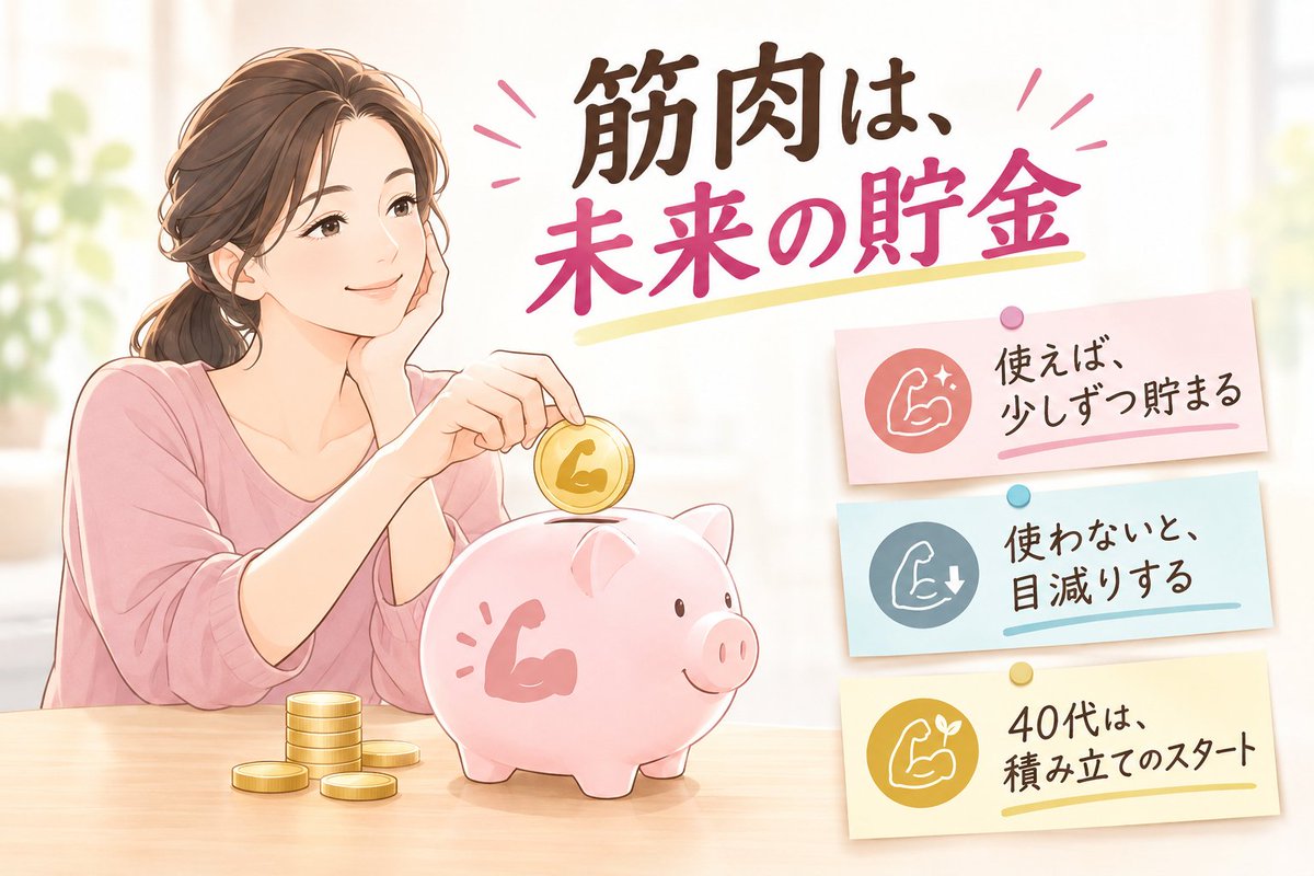kaatsu_bt's tweet photo. 筋肉って「貯金」に例えられたりするんですよね🏦使わないと目減りして、使えば少しずつ貯まっていく。40代は、積み立てを始めるのにちょうどいい時期なのかもしれません💪
#筋肉貯金 #40代女性 #加圧トレーニング https://t.co/zFFmA8f0J5