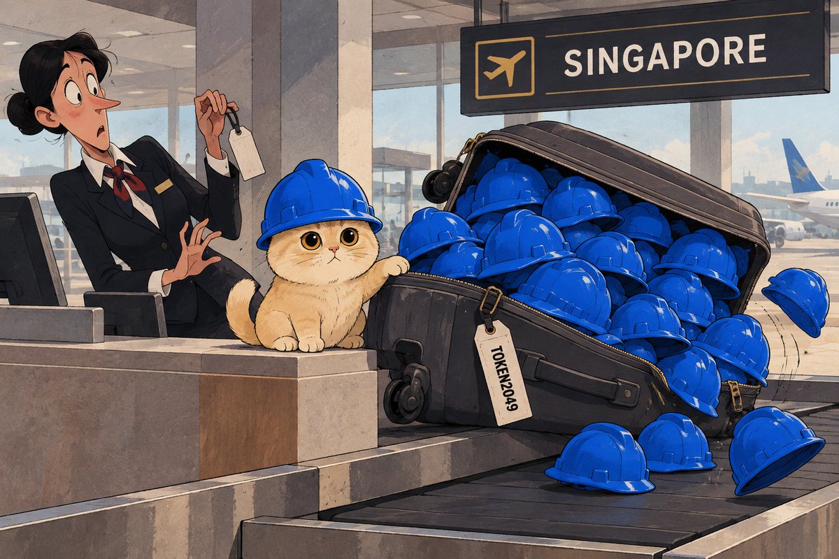 BasecatOnBase's tweet photo. got invited to TOKEN2049, packed 200 helmets, then remembered flights cost money...😿🪖 https://t.co/cmSeQBCG5w