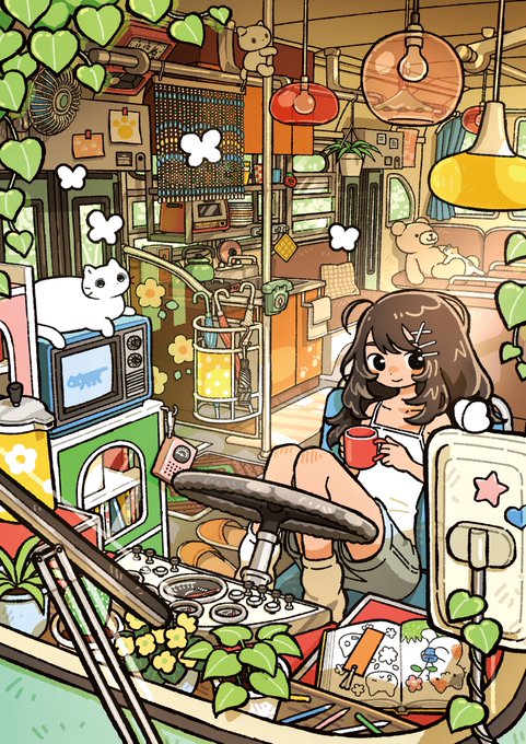 A brown-haired girl with a small mustache relaxes with a red mug in a cozy, cluttered interior filled with plants, appliances, a microwave, and a white cat on top. The "BUS ROOM" caption fits the whimsical scene, which resembles a creatively designed bus converted into a warm, personalized living space.