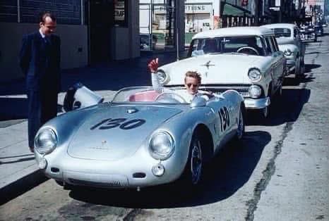 For_Film_Fans's tweet photo. JAMES DEAN in his Porsche 550 Spyder (‘The Little Bastard’), parked up on Vine St. — Hollywood in 1955. 

Dean, who had only taken up racing the year before, bought the car just 9 days before he lost his life on Highway 46, San Luis Obispo — CA 71yrs ago today, aged 24, whilst driving to a Salinas race.