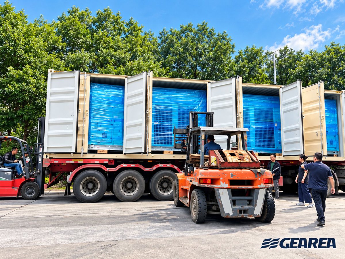 Gearea_Climate's tweet photo. California CEA project: shipping underway. 🇺🇸
10 Gearea units are being loaded today.
Factory commissioning → final inspection → packaging → loading.
More work completed at the factory means less on-site work and faster deployment.
#Gearea #CEA #HVAC #IndoorFarming #California https://t.co/qSkYAeJh43