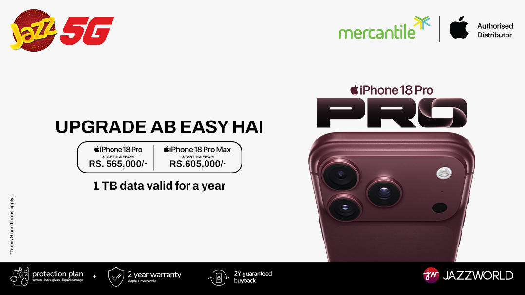 jazzpk's tweet photo. Upgrade ab aur bhi easy hai! 

iPhone 18 Pro lo aur Jazz 5G ke saath pao 1 TB data for a year. 

Starting from Rs. 565,000!

#Jazz5G #JazzMeriSuperpower #iPhone18pro https://t.co/xFKuPqSnwD