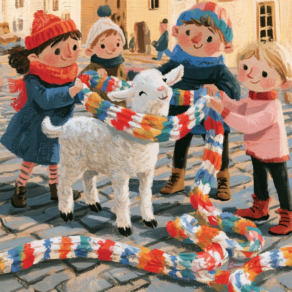 BeanieBlossom's tweet photo. Prompt: A small lamb stands in a breezy village street while three children carefully wrap an absurdly long knitted scarf around its neck, looping it again and again because it never seems to end. The scarf trails across the cobblestones in bright stripes, and the lamb looks perfectly patient and slightly proud. Charming gouache painting style, soft hand-painted textures, rounded expressive shapes, cheerful cool-weather colours and a warm, lighthearted atmosphere.
Feel free to join in :)
#AIArtWork #AIArt #AIArtists #AIArtCommunity #PromptShare