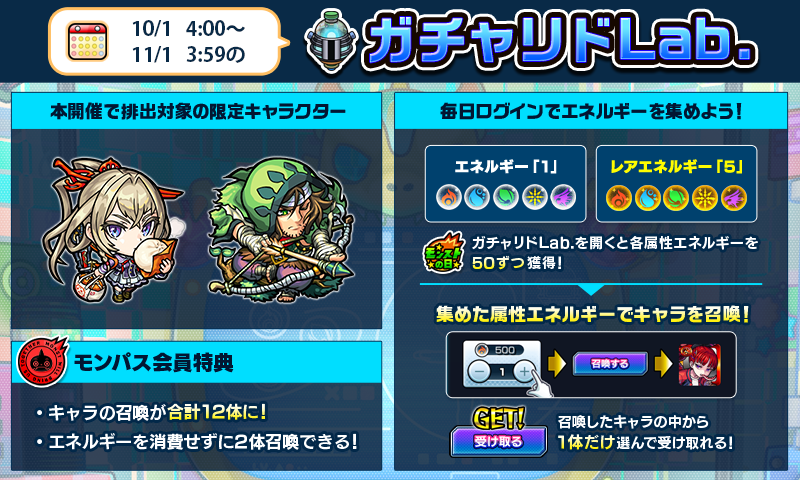 monst_mixi's tweet photo. 💠ガチャリドLab.💠
10/1 4:00より開催！

■排出対象の限定キャラ
🔴マサムネ
🟢ロビン・フッド

集めた属性エネルギーで
好きな属性の★5以上キャラを召喚しよう！

召喚したキャラの中から1体だけ選んで獲得できる✨

#モンスト https://t.co/qDEJXUReaO