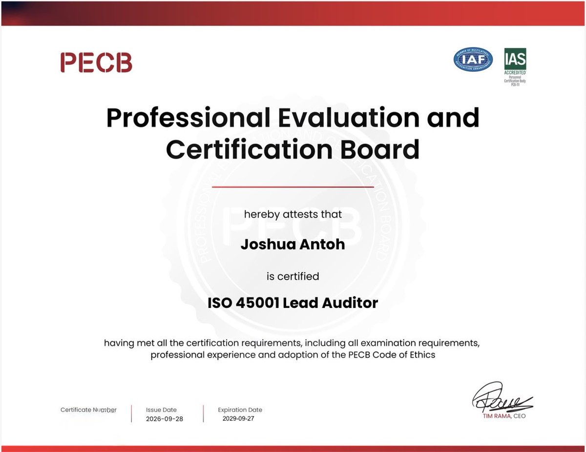 ED_Consults's tweet photo. Congratulations to Joshua Antoh on achieving his PECB ISO 45001 Lead Auditor Certification!

This globally recognised certification strengthens his expertise in auditing and supporting safer, healthier workplaces.We wish Joshua continued success in his career.

#EDConsults #PECB https://t.co/89MnlpJU4t