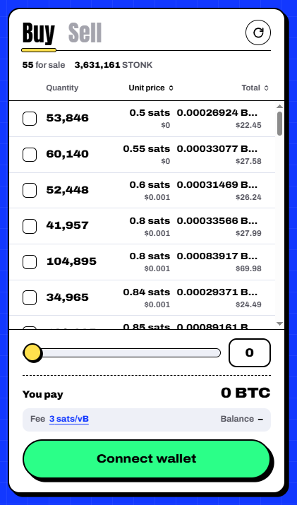 stonk_20's tweet photo. Buying and selling $STONK from Stonk on BTC is very easy!

Buying: 
Click and drag the slider for amount you want to purchase! Stonk focuses on Simple UI and fast executions

Selling:
Select the seal you want to list or the amount you want to list from a specific seal. Set your ask price in sats and put the listing on chain

Flywheel has started. Every transaction, every sale feeds to $STONK bags that is used for buy back and burn and for #BTC airdrop