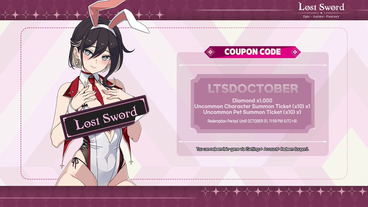 LostSword_EN's tweet photo. 👻 A Spooky October Surprise Gift! 👻
Log in to Lost Sword, go to [Setting > Account > Redeem Coupon], and enter the code to claim your gift now !!

🎁Coupon Code : LTSDOCTOBER
⋆ You can redeem this coupon until October 31, 11:59 PM (UTC+9).
⋆ Each coupon code can be used only once per account.

#LostSword #LTSD #COUPON