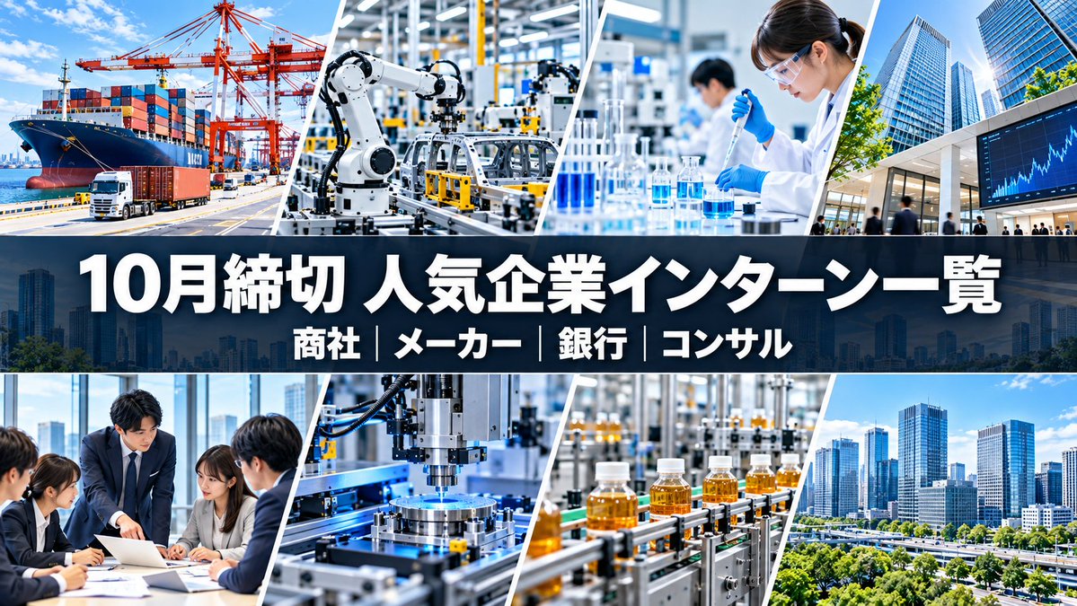 ro____da_INTJ's tweet photo. 【28卒】10月締切インターン一覧
大手・ホワイト企業83社🏢　＃28卒

明日から10月。
秋冬インターンのエントリーもピークを迎えてる。
秋冬は本選考への足掛かりになる企業が多いからしっかり参加していこう。

✅商社：5社
✅メーカー：57社
✅銀行：7社
✅コンサル・シンクタンク：13社

締切日は直前に変わる企業もあるけど、
今出てる10月締切企業一気に出してみた。
気になってた企業がないかチャックしてみて！
業界・職種迷ってる学生は今のうちに色々参加して軸決めて、
軸が決まってる学生はここからさらに深く理解を深めて本選考で支える生の情報を集めていこう！

〈商社〉
伊藤忠商事
三菱商事
伊藤忠丸紅鉄鋼
帝人フロンティア

〈メーカー〉
キリンホールディングス
資生堂
三菱重工業
ダイキン工業
旭化成
テルモ
東レ
ヤクルト本社
TOPPANホールディングス
ユニ・チャーム
クボタ
ヤンマーホールディングス
キユーピー
ハウス食品
コーセー
塩野義製薬
東芝
シスメックス
島津製作所
ワコール
アース製薬
カシオ計算機
ブルボン
スズキ
神戸製鋼所
住友電気工業
コクヨ
HOYA

まだまだ続く