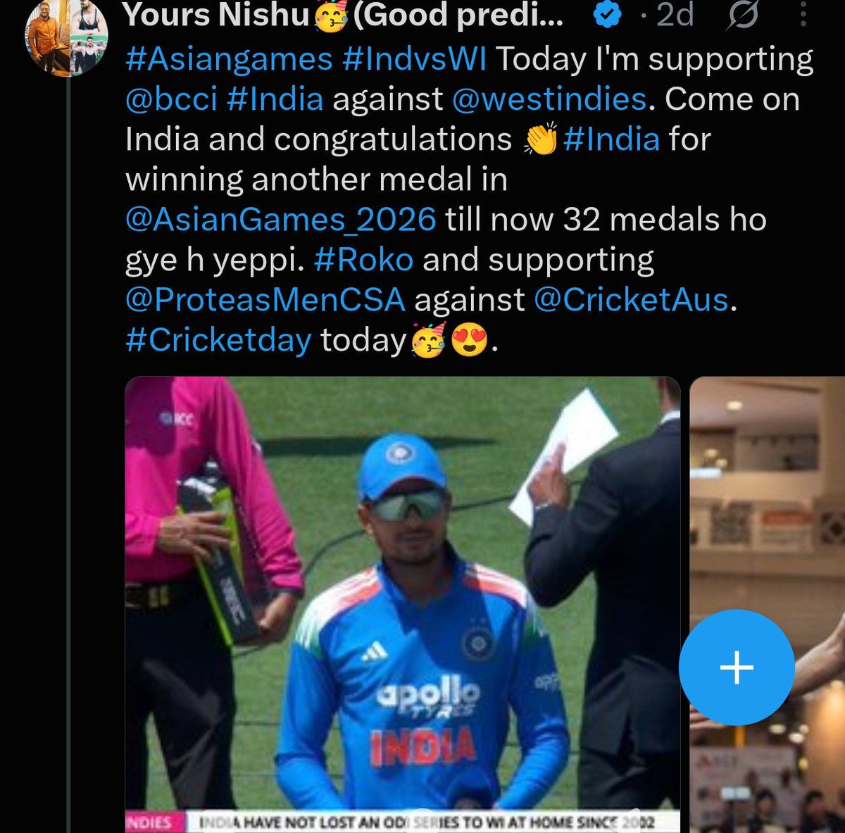 4024848's tweet photo. @bcci @westIndies..Like everyone- Today's also...I'm supporting #India today and hope so,my winning streak will continue and vse #SA wala match bhi jeeta tha& congratulations #India for winning total 59 medals in @AsianGames_2026 ...100 medals tk jye hum🥳😅. #Virat #Rohit #Roko https://t.co/KiZ5hoOQaE