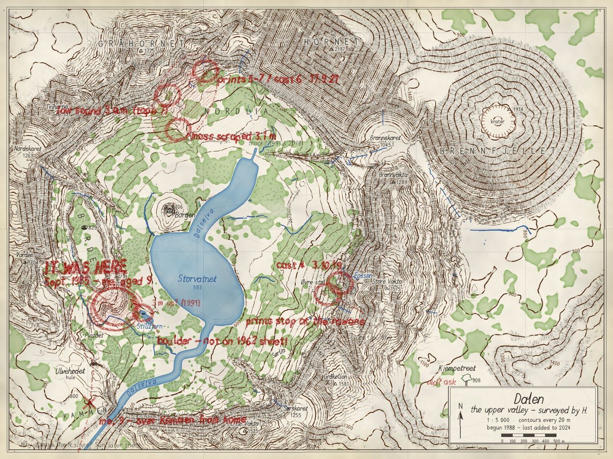ScarsOfWild's tweet photo. The map on her study wall is drawn from the game's real terrain, in her own handwriting. The red pencil marks where she saw the troll when she was nine. In Chapter II you can walk there. #gamedev #indiedev https://t.co/JScydjvpWH