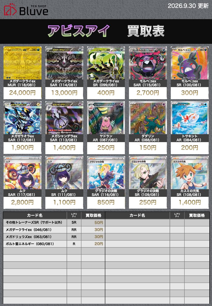 Bluve_osaka's tweet photo. 大阪梅田のポケカ専門店
TCG SHOP Bluveです‼️

［MEGAシリーズ］
🟢ストームエメラルダ
⚫️アビスアイ
🔵ニンジャスピナー
買取表を更新しました✨

https://t.co/m6uS9G5Da2
↑最低保証やその他買取表はこちらからご確認ください☺️

※買取表に記載のないカードも買取可能です✨
※PSA等の鑑定品や未開封BOX等は買取不可となります！
※画像の買取価格は満額の場合となり、カードの状態や相場・在庫状況により減額となる場合がございます。
ご理解の上でお持ち込みをお願いいたします🙇‍♂️

#ポケカ買取 
#ポケモンカード