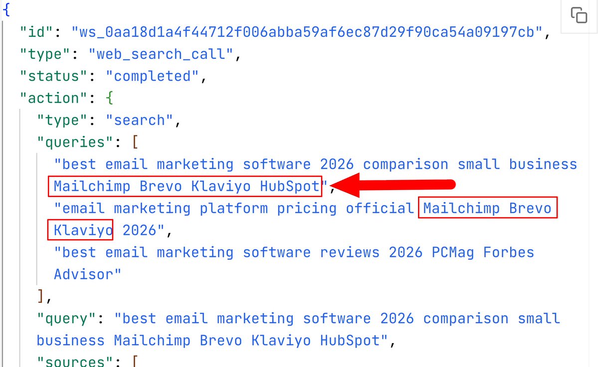 antonyderoshan's tweet photo. Reverse-Engineering ChatGPT Fanout Query ! 💥

ChatGPT is inserting brand names directly into the fanout queries it generates.

I wanted to know why some brands make it in and others don’t.

Take email marketing.
Ask:
“What’s the best email marketing software?”

One live fanout query looked like:
“best email marketing software 2026 Mailchimp Kit beehiiv HubSpot…”

So the brands are already being chosen before retrieval happens. 

That led to an interesting question:
What about brands the model clearly knows, but doesn’t insert?

Campaign Monitor was the clearest example; we probed the model to find whether it knows the brand.
The model recalled it on 49/50 prompts.

But it appeared in the live fanout query on just 1/50. 

So this wasn’t simply:
“ChatGPT knows the brand” vs “ChatGPT doesn’t.”

Then we built a fanout-query simulator.

When we allowed the fanout query simulator to include more brand names, the missing brands started coming back.
Campaign Monitor.
AWeber.
Basecamp.
Hasselblad.

That suggests something much more interesting:
The model may have a broader ranked set of brand candidates, while the fanout query only exposes the top few.

Then we asked the obvious next question:
What makes a brand sit higher in that ranking?

For email tools, we compared candidate depth with how widely each brand appeared across the Common Crawl data in an email-marketing context.

The pattern lined up surprisingly well.

The bigger takeaway is simpler:
AI visibility starts before the web retrieval.

The question may not just be:
“How do I get ChatGPT to cite my page?”

It may also be:
“How do I become one of the brands the model is likely to put into the fanout query in the first place?”

You need to enter the model’s parametric memory as a strong category brand.

One way appears to be broad third-party mentions across the web that clearly associate your brand with that category: ideally on crawlable pages that can make it into large training corpora like Common Crawl, Licensed Partners dataset, etc.

Shoutout to @suganthan for valuable feedback on the research, top guy! 🙌

Full research paper in the comments.