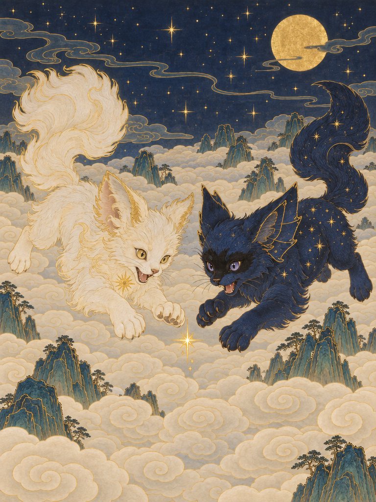 BjLin10's tweet photo. Twin Beasts, mythical pairs at different ages, told apart by their unique markings. Gongbi heavy color. made with GPT Image 2.5 #AIart #gongbi https://t.co/O5pXhGepeo