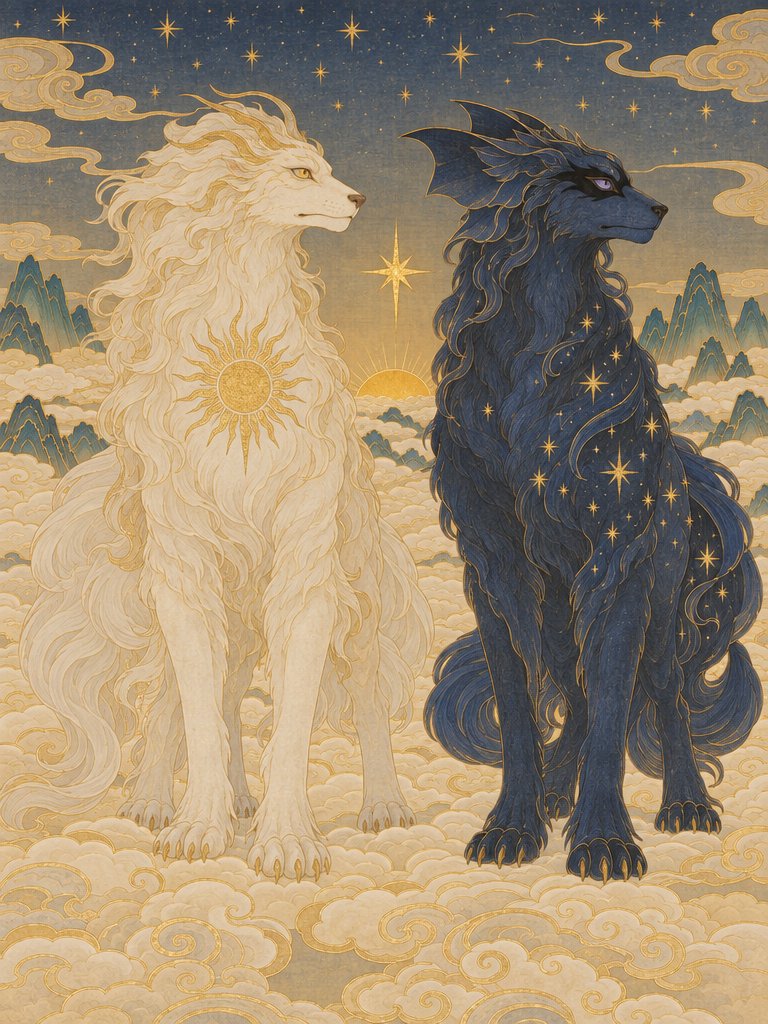 BjLin10's tweet photo. Twin Beasts, mythical pairs at different ages, told apart by their unique markings. Gongbi heavy color. made with GPT Image 2.5 #AIart #gongbi https://t.co/O5pXhGepeo