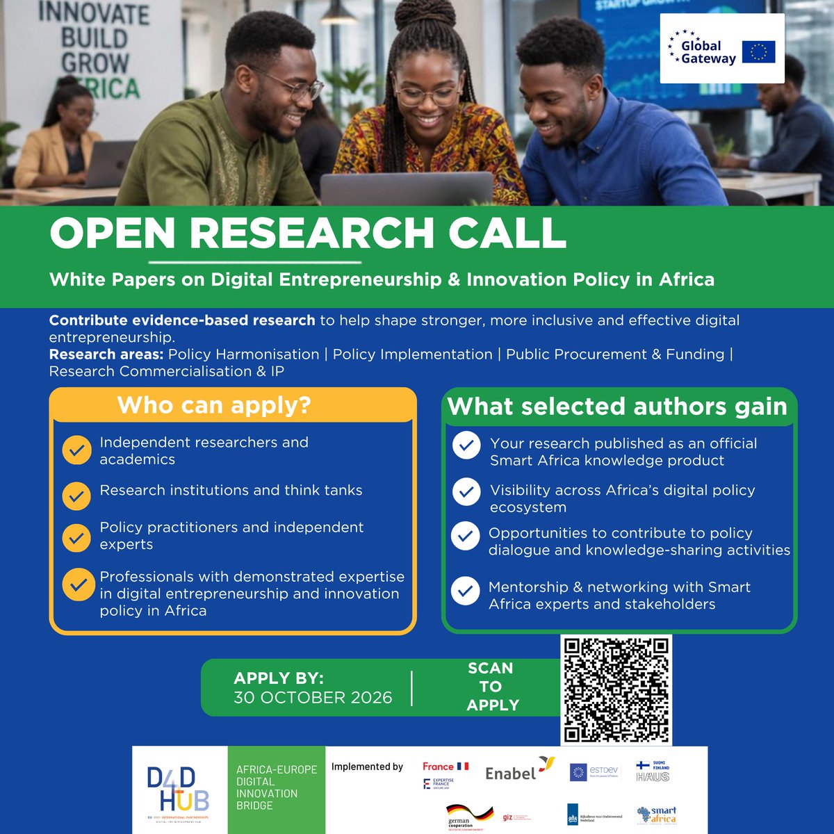 RealSmartAfrica's tweet photo. 𝐖𝐡𝐚𝐭 𝐢𝐟 𝐲𝐨𝐮𝐫 𝐫𝐞𝐬𝐞𝐚𝐫𝐜𝐡 𝐜𝐨𝐮𝐥𝐝 𝐜𝐨𝐧𝐭𝐫𝐢𝐛𝐮𝐭𝐞 𝐭𝐨 𝐬𝐡𝐚𝐩𝐢𝐧𝐠 𝐝𝐢𝐠𝐢𝐭𝐚𝐥 𝐞𝐧𝐭𝐫𝐞𝐩𝐫𝐞𝐧𝐞𝐮𝐫𝐬𝐡𝐢𝐩 𝐚𝐧𝐝 𝐢𝐧𝐧𝐨𝐯𝐚𝐭𝐢𝐨𝐧 𝐩𝐨𝐥𝐢𝐜𝐲 𝐚𝐜𝐫𝐨𝐬𝐬 𝐀𝐟𝐫𝐢𝐜𝐚?

The Africa-Europe Digital Innovation Bridge (AEDIB) is inviting researchers, policy practitioners and independent experts to submit evidence-based white papers on Digital Entrepreneurship and Innovation Policy in Africa.

This Open Research Call is an opportunity for people working at the intersection of research, policy and digital innovation to contribute knowledge that can support stronger, more inclusive and effective digital entrepreneurship ecosystems across the continent.

𝐒𝐮𝐛𝐦𝐢𝐬𝐬𝐢𝐨𝐧 𝐝𝐞𝐚𝐝𝐥𝐢𝐧𝐞: 𝟑𝟎 𝐎𝐜𝐭𝐨𝐛𝐞𝐫 𝟐𝟎𝟐𝟔

Read the full Terms of Reference:
https://t.co/bhbu8yp5LX

#AEDIB #SmartAfrica #DigitalEntrepreneurship #InnovationPolicy #AfricanResearch #PolicyResearch #DigitalAfrica #SANIA