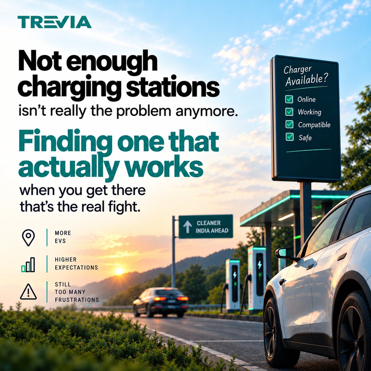 TreviaEV_India's tweet photo. "Not enough charging stations" isn't the real problem in India anymore finding one that actually works when you show up is ⚡

The 5 main friction points behind charger reliability: https://t.co/9aQp9US9CJ