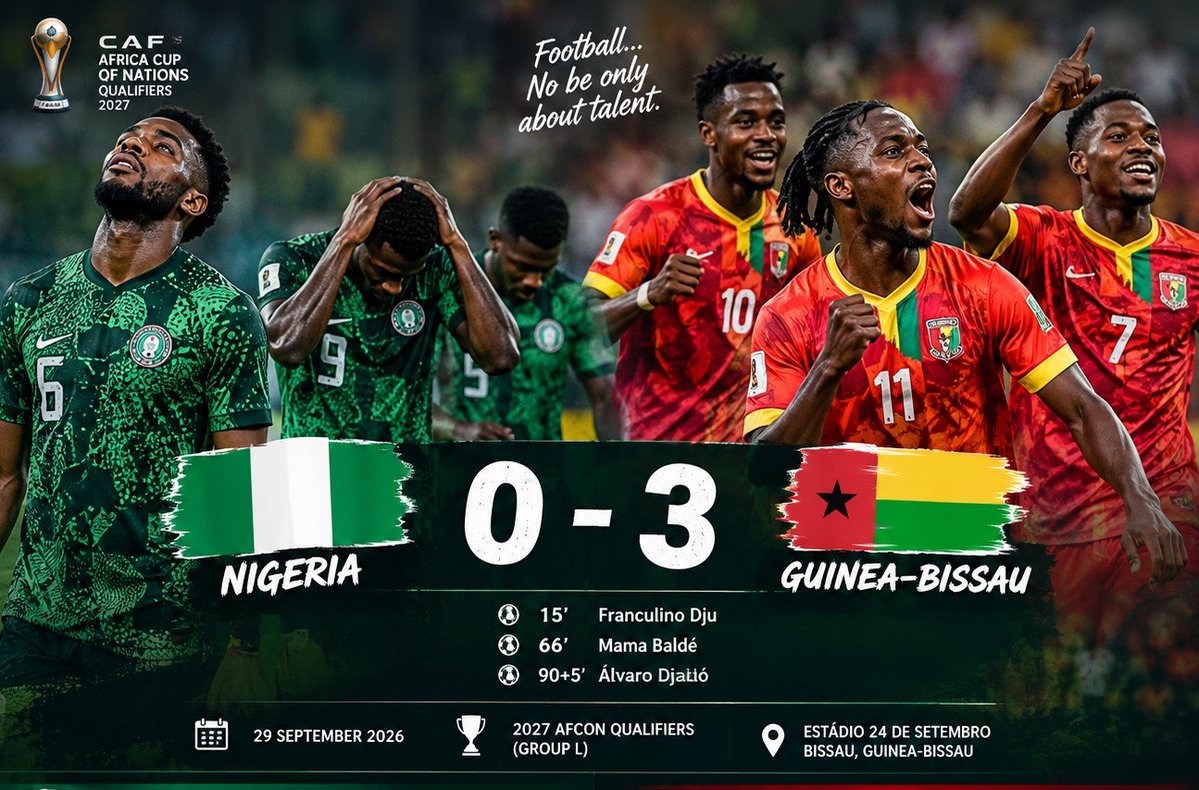 Mr_Vitalitty's tweet photo. Yesterday's 3-0 loss to Guinea-Bissau is crazy when put into perspective. E dey pain me

Prior to yesterday, the last time Nigeria lost a competitive match to an African team by three or more goals was on March 2, 1990, against Algeria, which finished 5-1 in favor of Algeria. https://t.co/ljVbjFiL9c