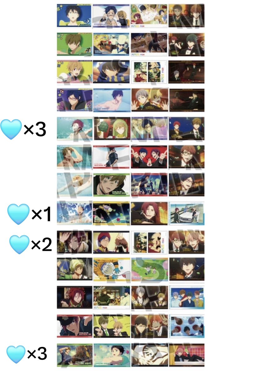 tu_ta81's tweet photo. 【交換】Free!  ブロマイドコレクション Ending Scene

譲:画像1🩵の列(数字が所持数です)
求:画像2❤ 各1セット

纏めての方優先
郵送・10/10岩美町イベ・10/3AM池袋での交換希望です。
 
お気軽にお声掛けください。 https://t.co/bZ8QDfKgLZ