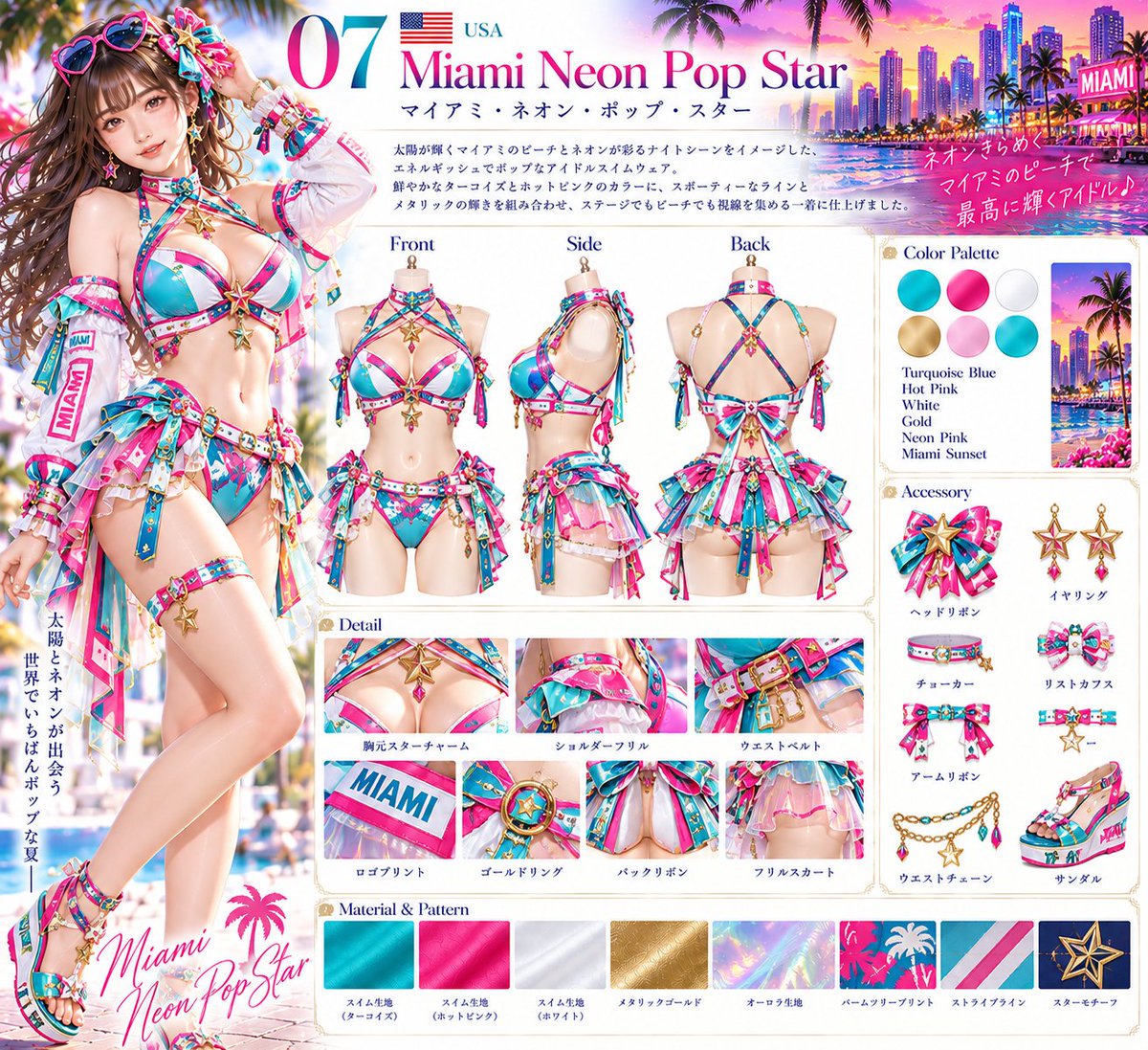 tarotaro_mgm's tweet photo. 👗AI衣装デザイン図鑑👗
👗 SWIMWEAR × COUNTRY × IDOL

WORLD RESORT IDOLS
― 10 COUNTRIES, 10 WATERSIDE DREAMS ―
世界を旅するように、
水辺で出会う10人のアイドル。

マイアミ・ネオン・ポップ・スター
Miami Neon Pop Star

Neon Paradise, Shine Like a Star
「ネオンと太陽が出会う、
最高にポップなマイアミ・アイドル。」
007/010

テーマ
マイアミの太陽、ビーチ、夕暮れのネオンを
ポップアイドル衣装へ。ターコイズとホットピンクを
主役に、スター、メタリックゴールド、
スポーティーなディテールを融合した、
弾ける夏のステージスタイル。

特徴
🩵 ターコイズ×ホットピンク
⭐ ゴールドスターモチーフ
🎀 大型ネオンバックリボン
🌴 MIAMIスポーティージャケット
✨ 超ミニフリル＆ゴールドチェーン

※プロンプトは下にあります
❤️ いいね・RP・保存で
応援していただけると励みに
なります！※他の衣装シリーズも
プロフィールからご覧いただけます

#Swimwear1
#MegumixCollection #AICostumeCreator

Dress the adult woman in the reference image in this exact Miami Neon Pop Star costume, preserving her face, hairstyle and identity. Recreate the turquoise-and-hot-pink fitted bikini-style idol top with white panels, gold piping, crossed halter straps, pink choker, central gold star charm and jewel accents. Add the cropped white sporty jacket with voluminous sleeves, turquoise/pink trim and MIAMI graphic details. Reproduce the ultra-short turquoise bottoms and the exact reference-length layered mini overskirt: asymmetric turquoise, hot-pink and white ruffles, gold edging, side ribbons and long narrow decorative belt tails. Faithfully recreate the back with crossed turquoise-pink straps, exposed back, large turquoise/pink waist bow with gold star center and layered short ruffles. Add star jewelry, thigh garter, waist chains, sunglasses and matching platform sandals. No redesign, no design sheet.