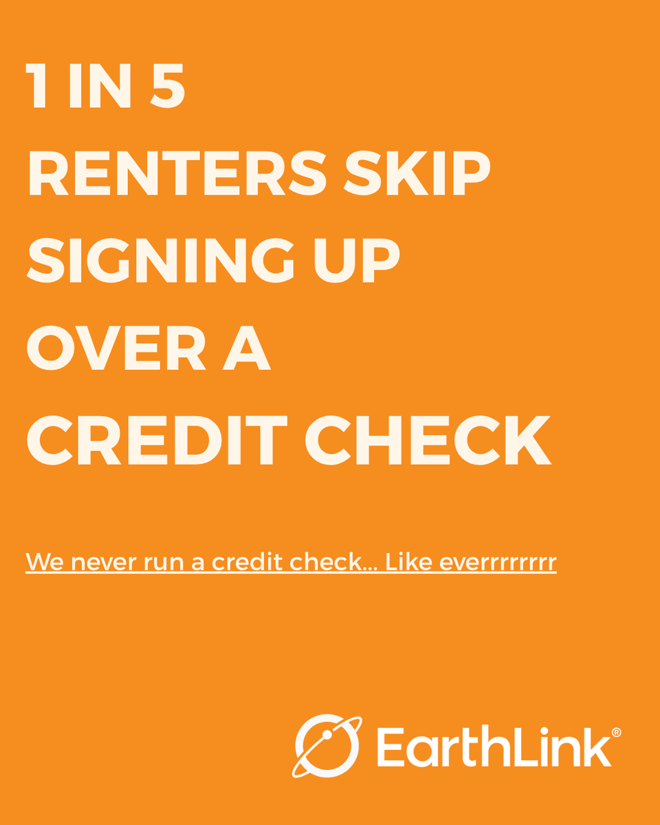 EarthLink's tweet photo. We don't run a credit check. Not because we're generous. It's because it genuinely doesn't matter to us. Pay your bill, we're good, and you can sign up in minutes. Head over to https://t.co/Ea0GIiwcG8 now. 

#NoCreditCheck #EarthLink #HonestInternet #HomeInternet https://t.co/iN32A3Wuq4