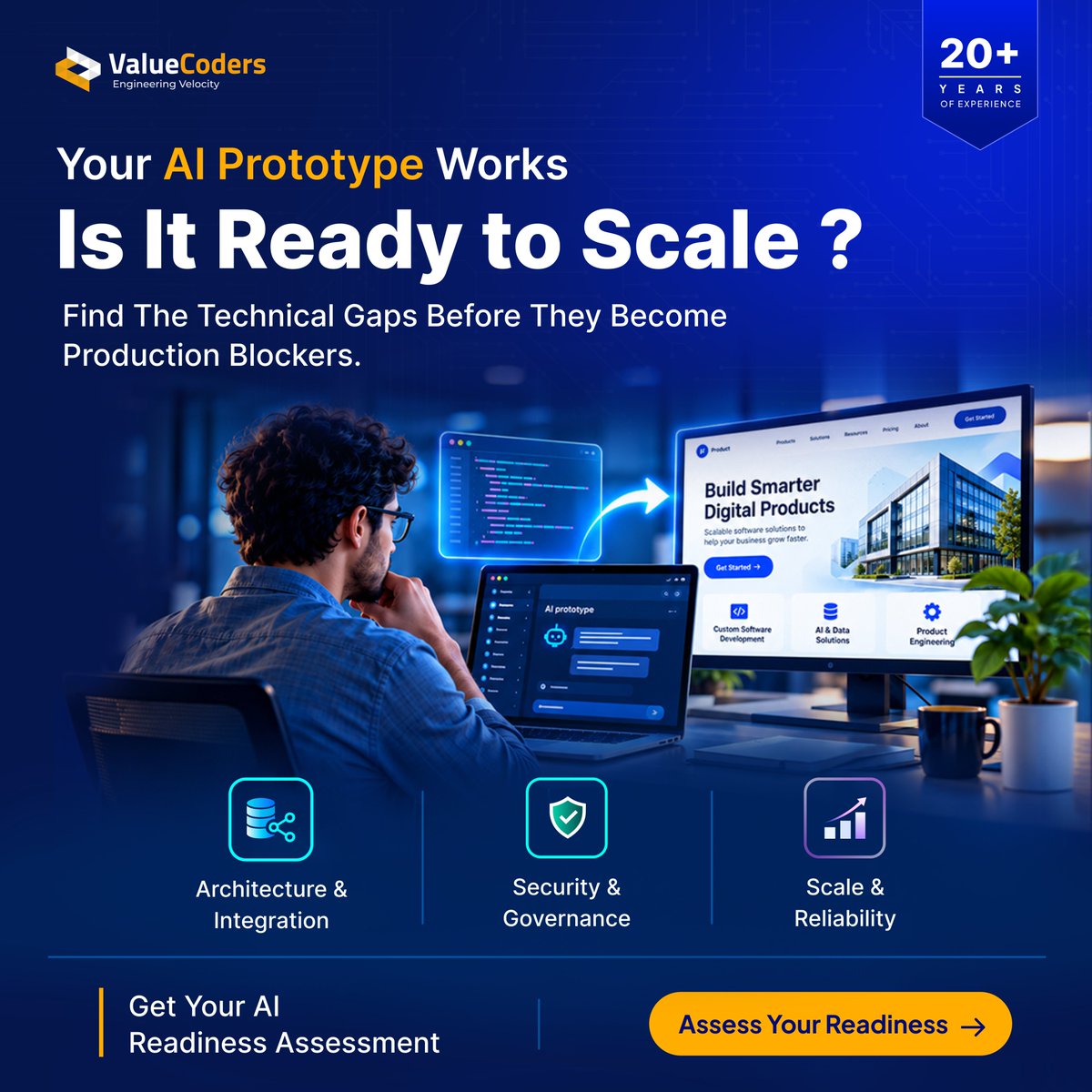 ValueCoders's tweet photo. Your AI PoC works. Now comes the hard part: production.

Architecture. Security. Integration. Scalability.

Find the gaps before they become blockers.

👉 Assess Your AI Readiness: https://t.co/ewpOrx4XF6

#AI #AIEngineering #CTO https://t.co/Oingx8Z1Wq