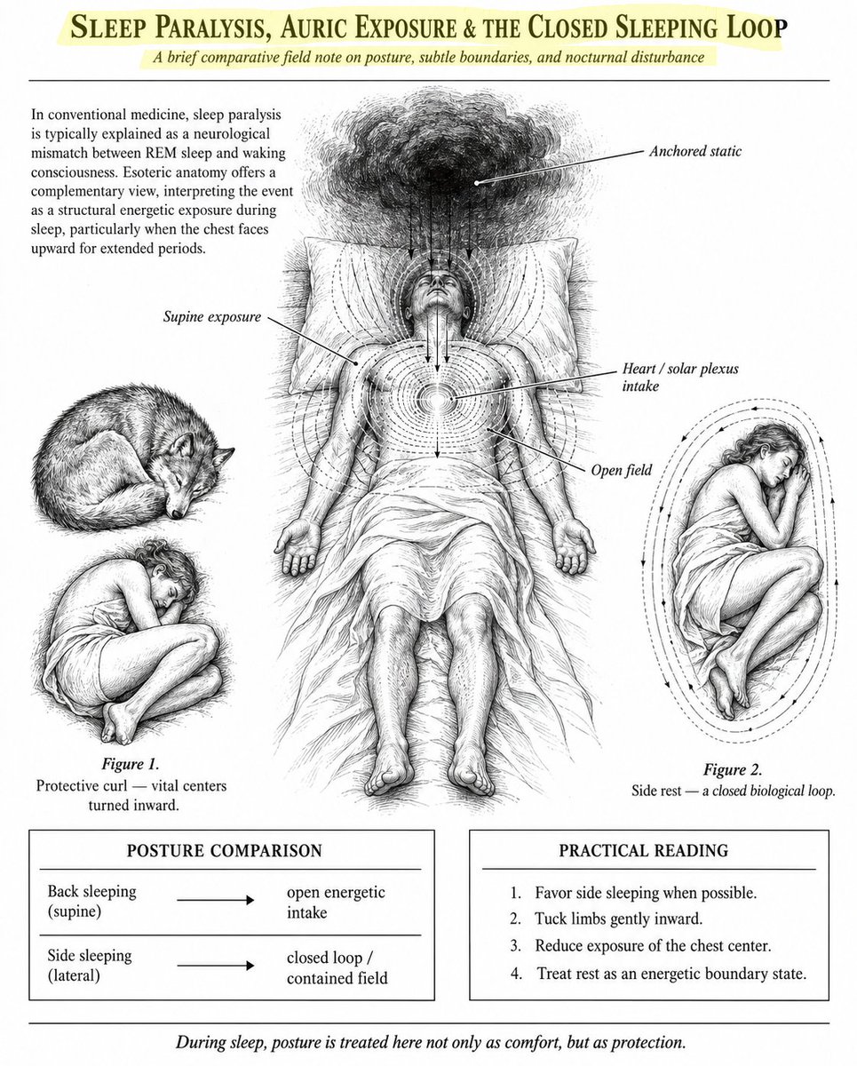 niyetsel's tweet photo. sleep paralysis is not a simple neurological glitch.

It is a direct consequence of structural auric exposure.

Medical textbooks claim your brain simply wakes up before your physical body..
they reduce the terrifying weight crushing your chest to a mere hallucination.
but esoteric anatomy recognizes a severe energetic breach.

Look at the physical mechanics of sleeping flat on your back.
Your heart center and solar plexus are the thickest magnetic centers in your subtle body.
They are your primary energetic intake valves.
When you lay flat on your spine, you point these massive receptors directly into the open void of the room.
you leave your subtle gates completely unlatched for eight continuous hours.

during deep sleep, your conscious defense mechanisms completely shut down.
If your physical posture is also entirely open, you become a passive landing pad for any ambient psychic static drifting through the space.
The sudden, suffocating weight you feel during a night terror is not imaginary.
It is the actual physical weight of a dense frequency that has successfully anchored onto your completely unguarded chest.
Your nervous system paralyzes your limbs as a shock response to a sudden auric invasion.

notice how wild animals naturally curl into themselves to rest.
They intuitively close their energetic loops.
They protect their vital organs to prevent both physical and subtle intrusions.
We act as the only species that arrogantly sleeps with our primary magnetic centers fully exposed to the unknown.

Ancient yogic lineages and highly grounded practitioners strictly rested on their sides.
They tucked their limbs inward to mechanically shield their core circuitry.
Sleeping in a semi-fetal position creates a closed biological loop.
It physically seals your auric boundary and forces your energy field to harden around your physical vessel.
It firmly tells your nervous system that the external environment is locked out.

stop treating your resting posture as a simple comfort preference.
Your sleep is your absolute most vulnerable state..

roll onto your side and manually lock your energetic shield before your consciousness leaves the room.