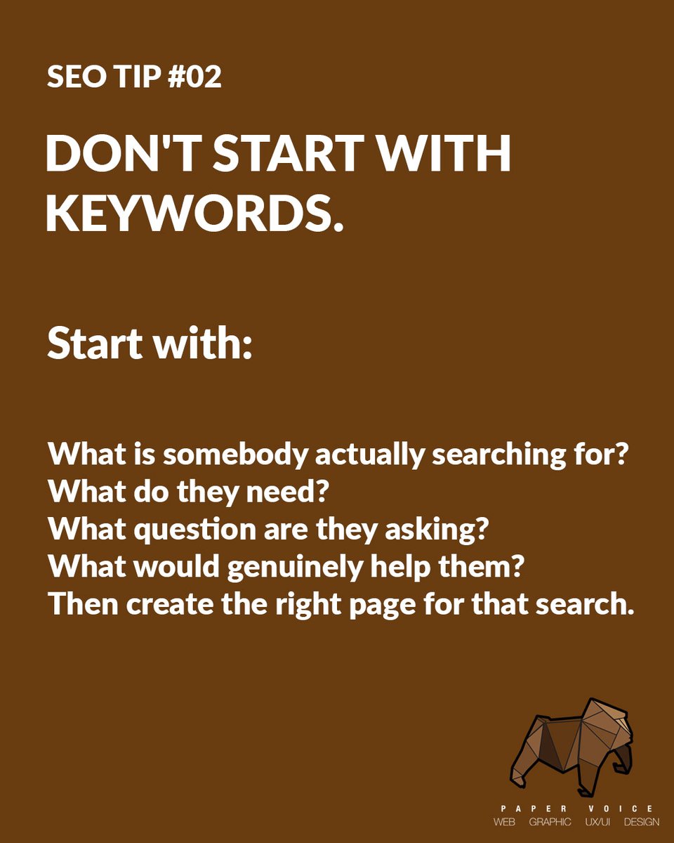 PaperVoiceUK's tweet photo. 🔎 More keywords ≠ better SEO.

Don't try to make one page rank for every service, location and search phrase.

Give each page a clear purpose and think about what the person searching actually wants to find.

Don't rank for everything. Rank for the right things.
#SEO #WebDesign https://t.co/OKXQQKI43f