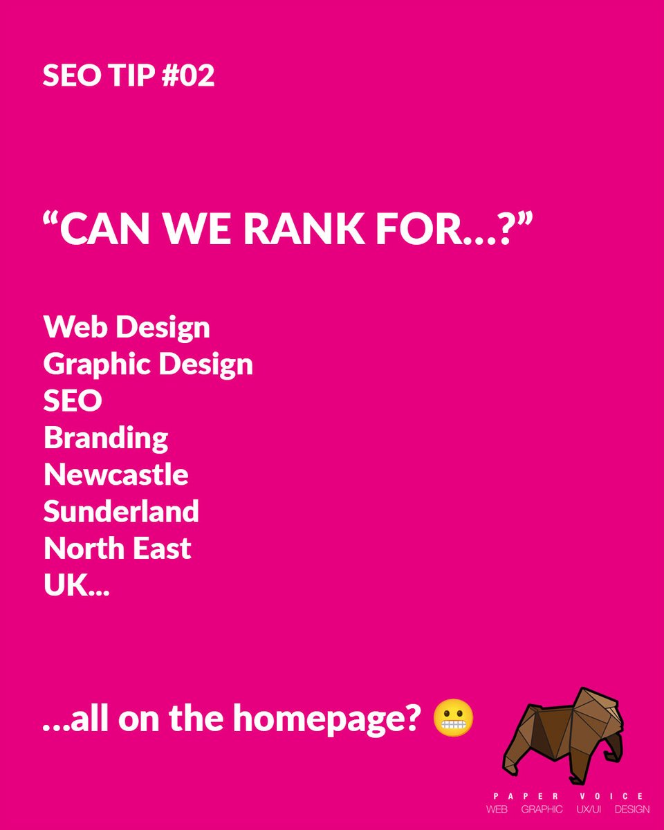 PaperVoiceUK's tweet photo. 🔎 More keywords ≠ better SEO.

Don't try to make one page rank for every service, location and search phrase.

Give each page a clear purpose and think about what the person searching actually wants to find.

Don't rank for everything. Rank for the right things.
#SEO #WebDesign https://t.co/OKXQQKI43f