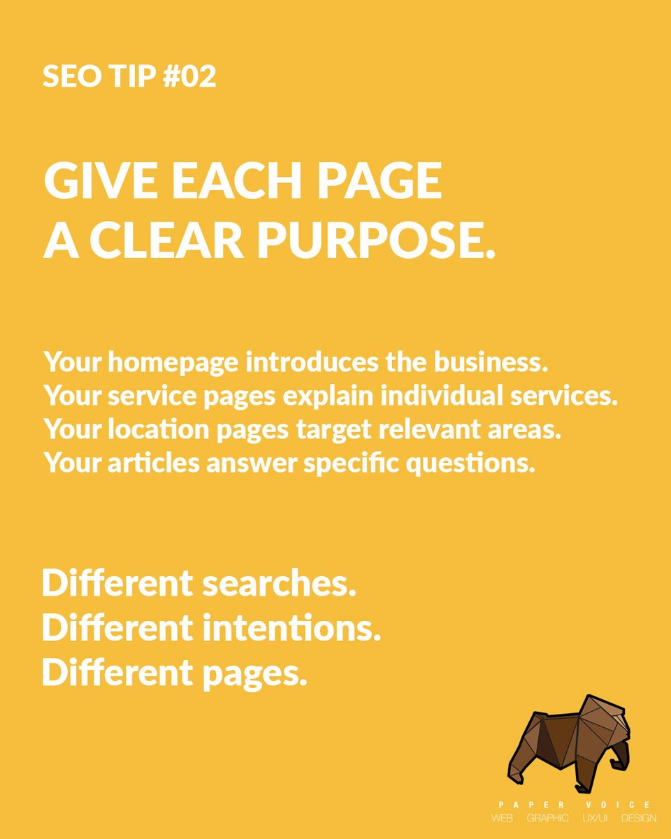 PaperVoiceUK's tweet photo. 🔎 More keywords ≠ better SEO.

Don't try to make one page rank for every service, location and search phrase.

Give each page a clear purpose and think about what the person searching actually wants to find.

Don't rank for everything. Rank for the right things.
#SEO #WebDesign https://t.co/OKXQQKI43f