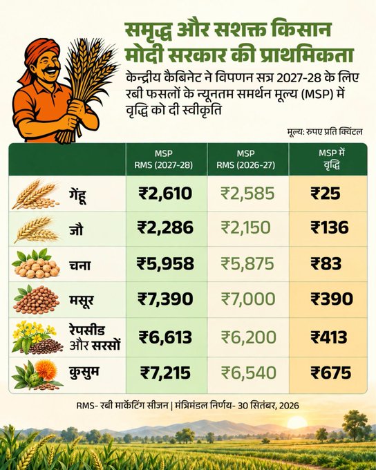 A Hindi informational graphic titled "समृद्ध और सशक्त किसान मोदी सरकार की प्राथमिकता" displays a table comparing MSP rates for RMS 2027-28 and RMS 2026-27 for crops like गेहूं, जौ, चना, मसूर, रेपसीड और सरसों, and कुसुम.