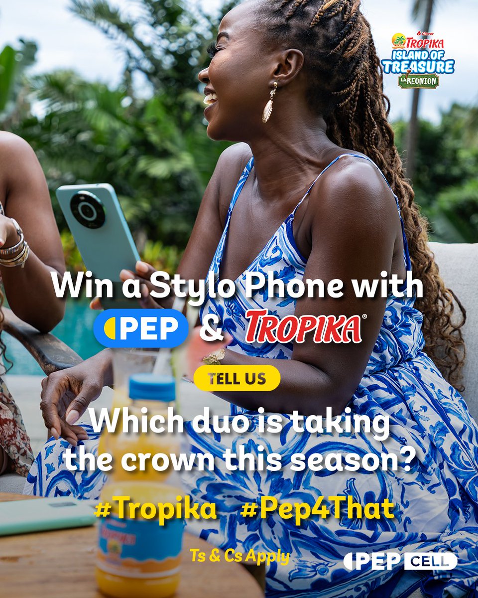 MyTropika's tweet photo. Win a Stylo Phone with @PEPStores_SA and Tropika! 📱✨

Which duo is taking the crown this season? 💪 Drop a comment and use #Tropika and #Pep4That to enter.

T&amp;Cs apply: https://t.co/3YrWBk7nOF

#IslandofTreasure #TIOTReunion https://t.co/uF3HaJspB3
