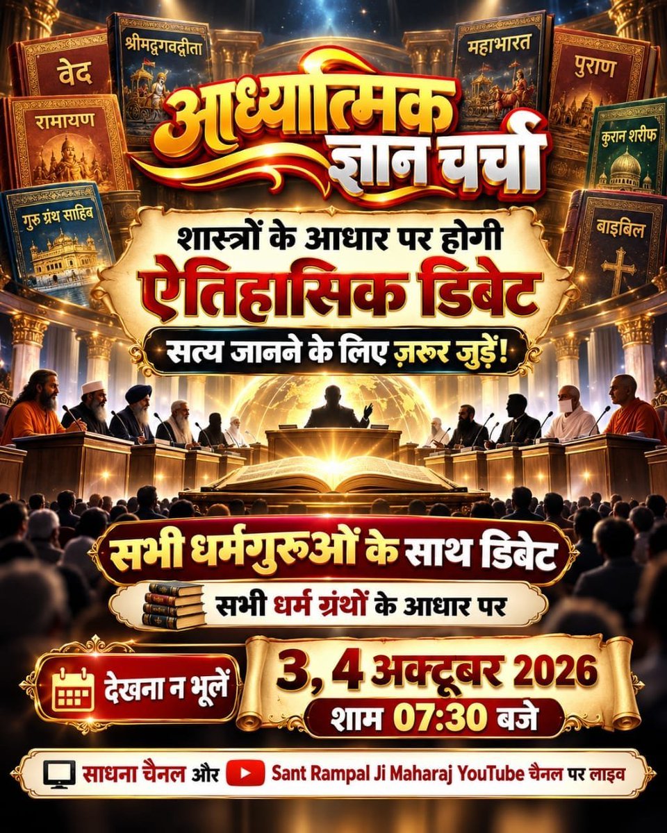 God_love_sd's tweet photo. #50लाख_की_ऐतिहासिक_डिबेट
शास्त्���ों के आधार पर होगी ऐतिहासिक डिबेट। सत्य जानने के लिए ज़रूर जुड़ें!
देखना न भूलें 3, 4 अक्टूबर 2026 को साधना चैनल और Sant Rampal Ji Maharaj YouTube चैनल पर लाइव शाम 07:30 बजे।
Challenge By Sant RampalJi https://t.co/9ZZWxl38jg