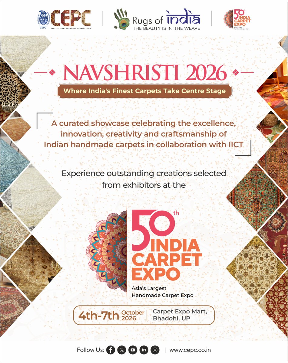cepcindia's tweet photo. Discover Navshristi 2026, a curated showcase of exceptional Indian handmade carpets at 50th India Carpet Expo, in collaboration with IICT. Celebrating creativity, innovation, &amp; craftsmanship that distinguish India’s carpet industry globally
#cepc #ICE50 #expo #handmadecarpets https://t.co/rIDmssnqBE