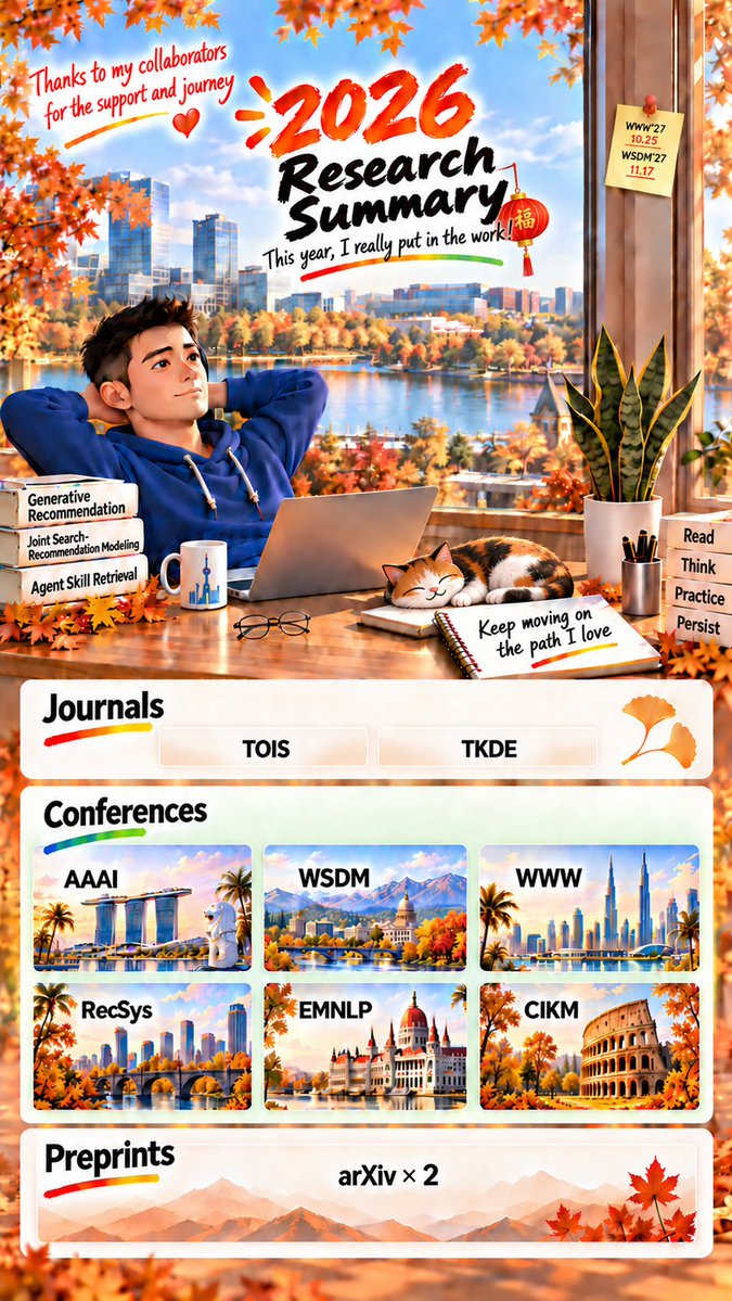 marce_ding's tweet photo. A little 2026 research recap 🍂 From search &amp; recommendation to agent skills—still learning as I go. Big thanks to my collaborators!

The guy in the picture is taking a break. The deadlines aren't. https://t.co/vuujE3IJvg