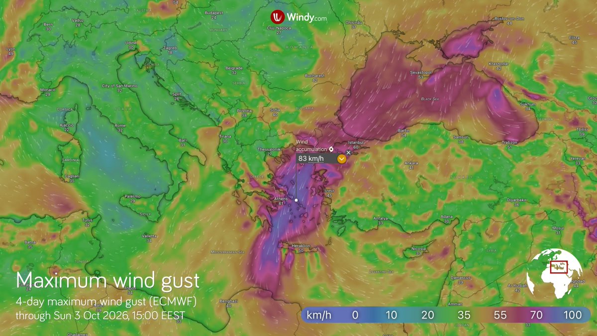 Windycom's tweet photo. 🌧️⛈️ Severe weather will affect the eastern Mediterranean and the Aegean Sea

A period of very unsettled weather is developing across parts of the eastern Mediterranean, bringing heavy rain, thunderstorms and strong winds.

The greatest risk of very heavy rainfall is currently centred on Crete, where the Hellenic National Meteorological Service (HNMS) warns of locally very heavy rain and thunderstorms, especially in northwestern Crete. These conditions may continue intermittently into the weekend.

The heavy rainfall is linked to a low-pressure system over the eastern Mediterranean, which is drawing moist air towards Crete. Combined with atmospheric instability and the island’s mountainous terrain, this can significantly enhance rainfall totals.

Very strong northeasterly winds will affect much of the Aegean Sea, locally reaching gale force and creating very rough sea conditions. 

⚠️ The main hazards are intense thunderstorms, strong winds, flash flooding and dangerous conditions at sea.