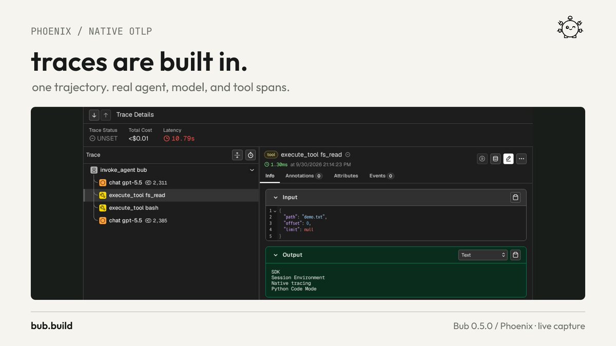 bubdotbuild's tweet photo. traces are built in.

bub[trace] for Phoenix / OTLP. bub[logfire] for Logfire. agent, model, and tool spans share one trajectory.

https://t.co/rERf191zMi https://t.co/RVIjrrdods