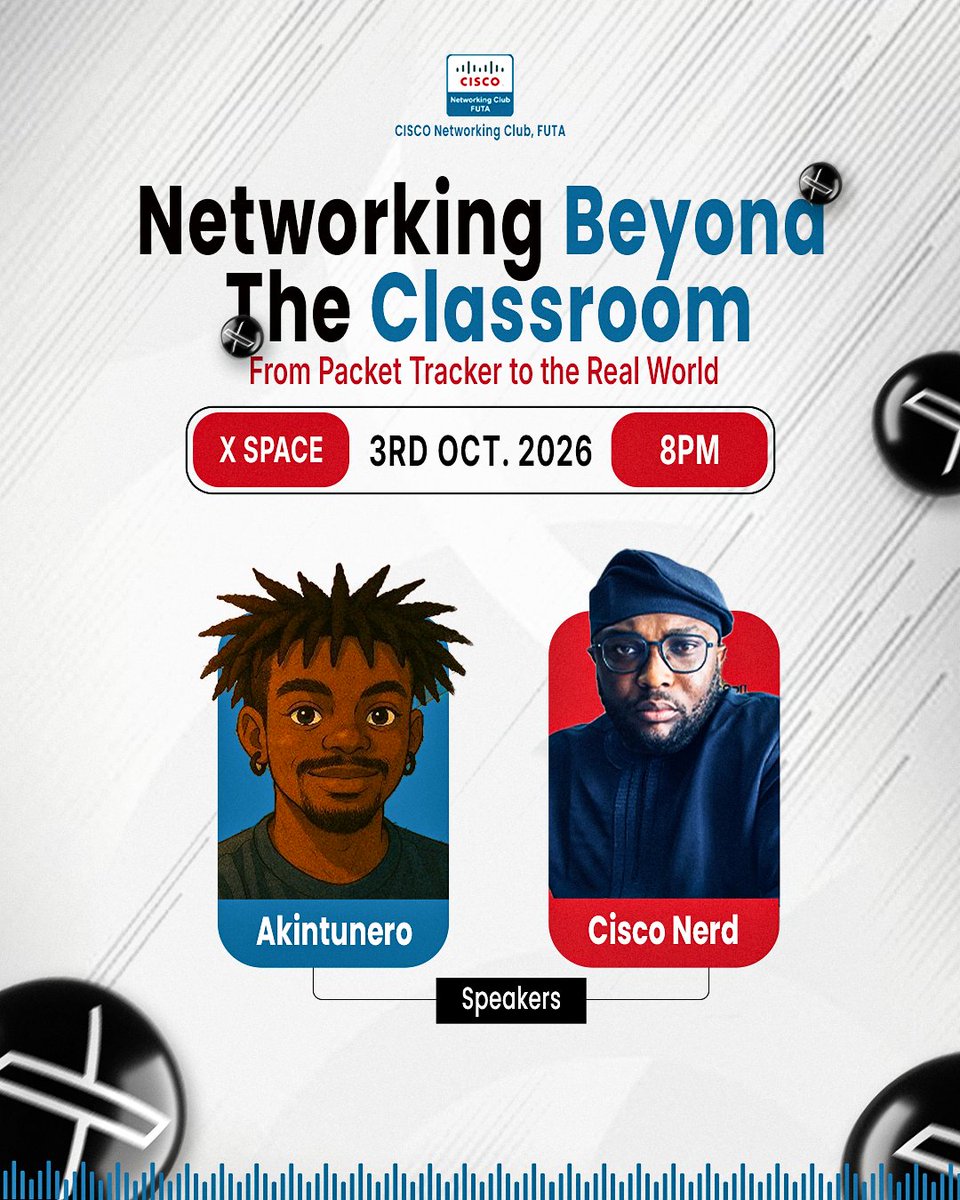 cnc_futa's tweet photo. We’ve learned networking in the classroom. Now let’s talk about taking those skills into the real world.

🎙️ Networking Beyond the Classroom
📅 Oct. 3 | ⏰ 8PM | X Space

Featuring @akintunero  &amp; @OnijeC 

🔁 RT and tag someone who needs to join.
#Networking #Cisco #Cybersecurity https://t.co/CSzmdoymvv