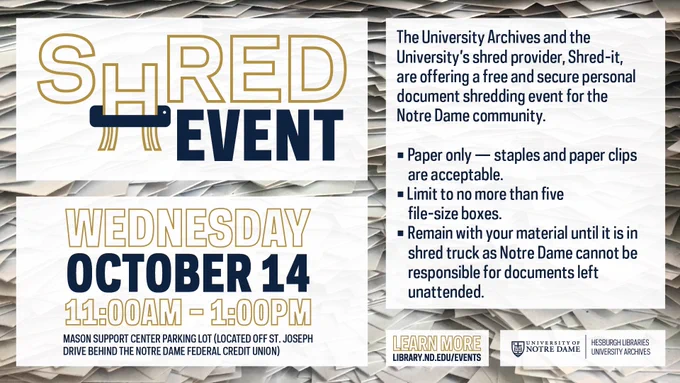 A poster for the Shred Event with the logo in the upper left and the date and time below. Details of the event are on the right.