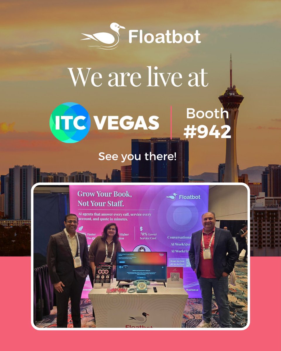 floatbot's tweet photo. 📍Day 2 at @insuretechnow  ITC Vegas. Booth #942 is where the action is! 

See our pre-trained, production-ready #insurance #AIAgents tackle #claims, policy &amp; service workflows. There's also fun swag up for grabs! 🧦🧢

#Floatbot #ITCVegas2026 #InsureTechConnect #BecauseofITC #AI https://t.co/pY2GlI4SN6