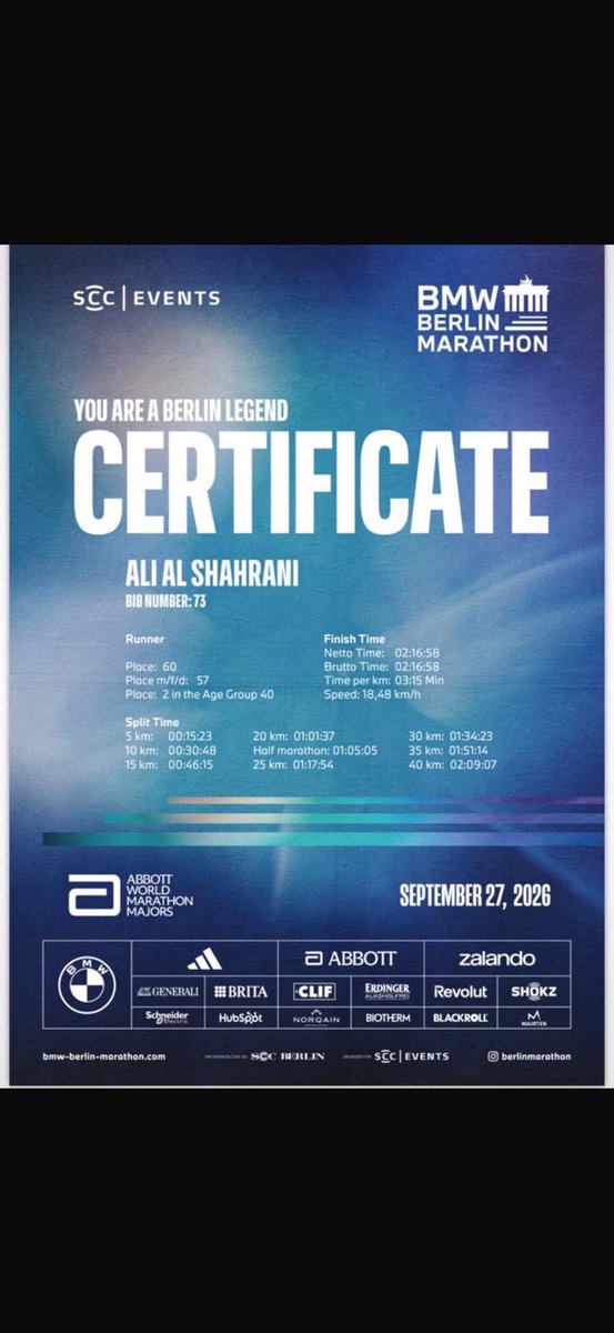 Hadi_Balhareth7's tweet photo. رقم سعودي جديد في الماراثون بزمن 2:16:58 في ماراثون برلين @berlinmarathon ، أحد أسرع ماراثونات العالم، مع تحقيقه المركز الثاني في فئته العمرية (40+). إنجاز يرفع اسم الوطن ويلهم كل عدّاء طموح.. فخورون بك 💚 #ماراثون_برلين # https://t.co/uowiqa3OZX