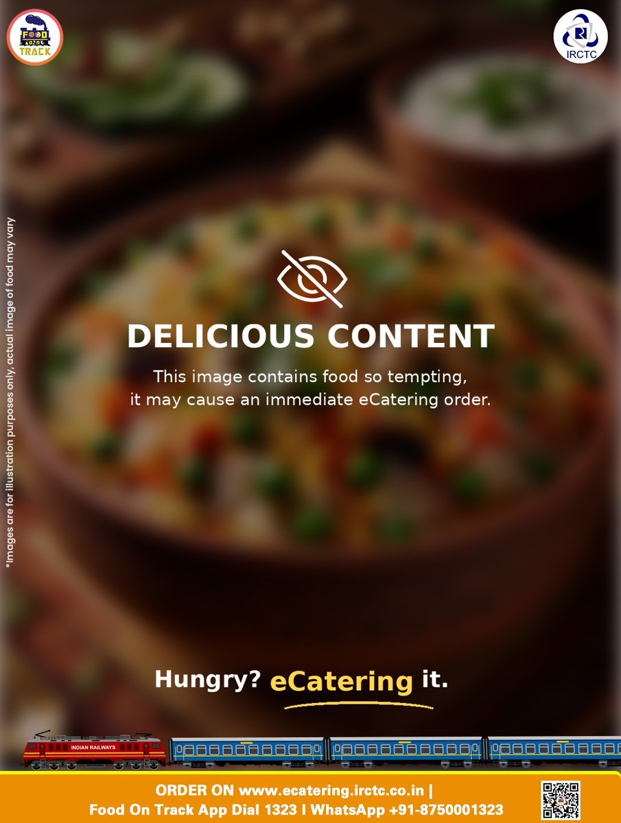 eCateringIRCTC's tweet photo. Some food pictures are best enjoyed with a little caution; they have a habit of turning cravings into orders. And when you’re travelling, IRCTC eCatering makes giving in to those cravings pretty easy. Pick what you’re in the mood for, place your order, and have it delivered right to your coach. No need to wait for the next station or settle for less. Because when delicious food is just a few taps away, resisting was never really the plan.

Order fresh, hygienic meals from trusted restaurant brands and get them delivered right to your train coach.

🌐 https://t.co/sj0NT7G2Cn
📲 Install #FoodOnTrack app
📞 Call 1323
📱 WhatsApp +91-8750001323