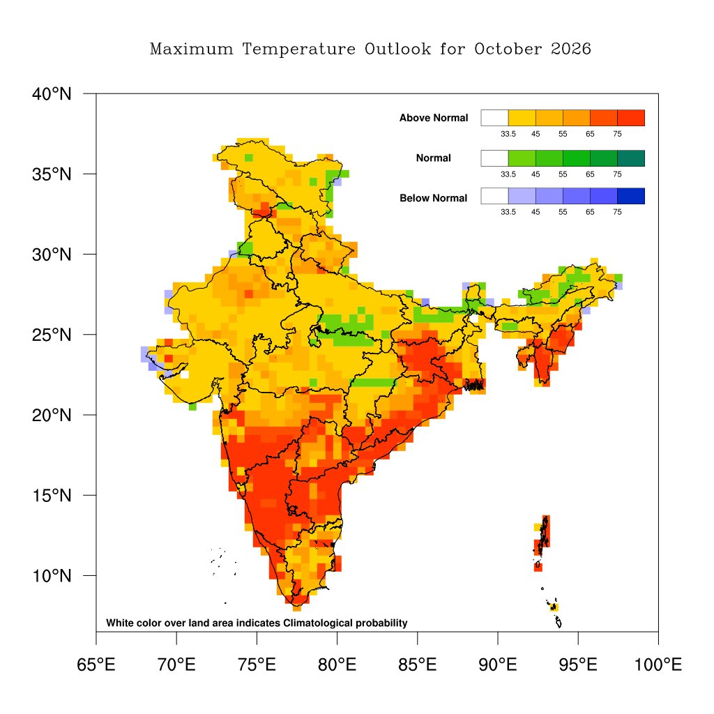 Indiametdept's tweet photo. Seasonal outlook for Rainfall during Post-Monsoon Season 2026 and Rainfall and Temperature during October 2026

a) Seasonal rainfall during October to December (OND) over South Peninsular India consisting of five meteorological subdivisions (Tamil Nadu, Puducherry & Karaikal, Coastal Andhra Pradesh & Yanam, Rayalaseema, Kerala & Mahe, and South Interior Karnataka) is most likely to be normal (88-112% of Long Period Average (LPA)). Most parts of the country are expected to receive below-normal rainfall, except some areas of Northwest India and southern parts of the peninsular India, where rainfall is likely to be normal to above-normal.

b) Monthly rainfall over the country as a whole during October 2026 is likely to be below normal (<85 % of LPA). In October 2026, most parts of the country are expected to receive below-normal rainfall except, some areas in Northwest India, southern parts of peninsular India and isolated areas of the East India, which may experience normal to above normal rainfall.

c) In October, above-normal maximum temperatures are likely over most parts of the country except some regions of the northeast India and isolated pockets of central and northwest India where normal maximum temperatures are expected. During October, above normal minimum temperatures are likely over most parts of the country except in most parts of Northeast India where normal to below normal minimum temperatures are likely.

d) Strong El Niño conditions are currently prevailing over the equatorial Pacific Ocean, with sea surface temperatures well above average (especially in the eastcentral and eastern equatorial Pacific). Forecasts from the Monsoon Mission Coupled Forecast System (MMCFS) and other major climate models indicate that El Niño will continue to strengthen through the end of the year.

e)  Neutral Indian Ocean Dipole (IOD) conditions are currently prevailing over the Indian Ocean. The latest MMCFS forecast indicates that neutral IOD conditions are likely to continue during NE Monsoon season.

For details please visit https://t.co/122JBDy7tS 

IMD will issue the outlook for the rainfall and temperature during November 2026 towards the end of October 2026.

#NortheastMonsoon #Outlook #MoES #NDMA