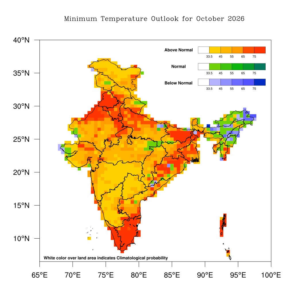 Indiametdept's tweet photo. Seasonal outlook for Rainfall during Post-Monsoon Season 2026 and Rainfall and Temperature during October 2026

a) Seasonal rainfall during October to December (OND) over South Peninsular India consisting of five meteorological subdivisions (Tamil Nadu, Puducherry & Karaikal, Coastal Andhra Pradesh & Yanam, Rayalaseema, Kerala & Mahe, and South Interior Karnataka) is most likely to be normal (88-112% of Long Period Average (LPA)). Most parts of the country are expected to receive below-normal rainfall, except some areas of Northwest India and southern parts of the peninsular India, where rainfall is likely to be normal to above-normal.

b) Monthly rainfall over the country as a whole during October 2026 is likely to be below normal (<85 % of LPA). In October 2026, most parts of the country are expected to receive below-normal rainfall except, some areas in Northwest India, southern parts of peninsular India and isolated areas of the East India, which may experience normal to above normal rainfall.

c) In October, above-normal maximum temperatures are likely over most parts of the country except some regions of the northeast India and isolated pockets of central and northwest India where normal maximum temperatures are expected. During October, above normal minimum temperatures are likely over most parts of the country except in most parts of Northeast India where normal to below normal minimum temperatures are likely.

d) Strong El Niño conditions are currently prevailing over the equatorial Pacific Ocean, with sea surface temperatures well above average (especially in the eastcentral and eastern equatorial Pacific). Forecasts from the Monsoon Mission Coupled Forecast System (MMCFS) and other major climate models indicate that El Niño will continue to strengthen through the end of the year.

e)  Neutral Indian Ocean Dipole (IOD) conditions are currently prevailing over the Indian Ocean. The latest MMCFS forecast indicates that neutral IOD conditions are likely to continue during NE Monsoon season.

For details please visit https://t.co/122JBDy7tS 

IMD will issue the outlook for the rainfall and temperature during November 2026 towards the end of October 2026.

#NortheastMonsoon #Outlook #MoES #NDMA