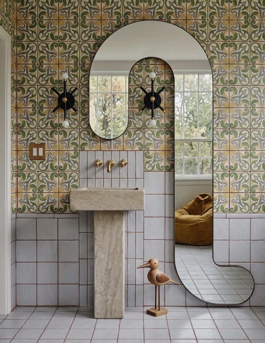 lindseyinterior's tweet photo. You can't believe how many people want this backsplash! 🗣️🔥 Patterned terracotta mixed with a sleek stone sink &amp; custom mirror is top-tier design. @countryfloors1 delivered.

For everyone asking, link to these exact tiles is in the comments! 👇 

#InteriorDesign #Terracotta https://t.co/Awt9ckQv8m